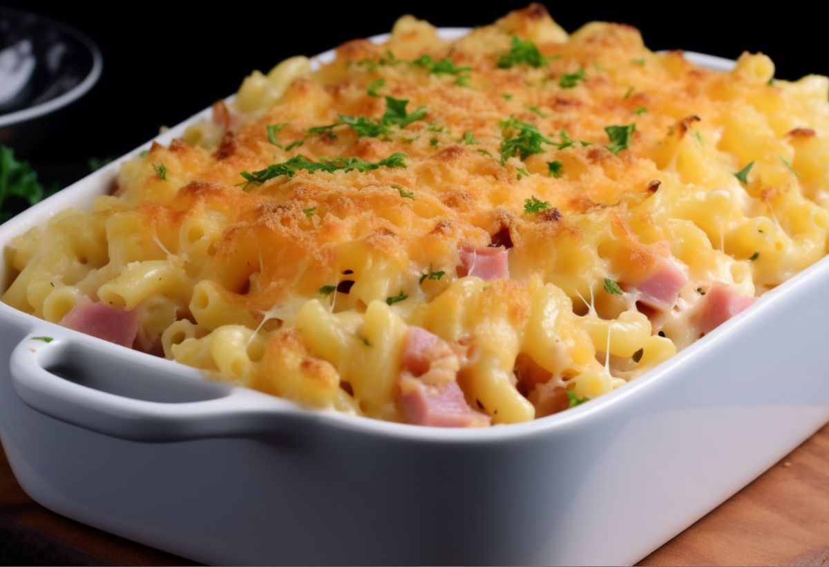 Macarrão ao forno cremoso com presunto e queijo