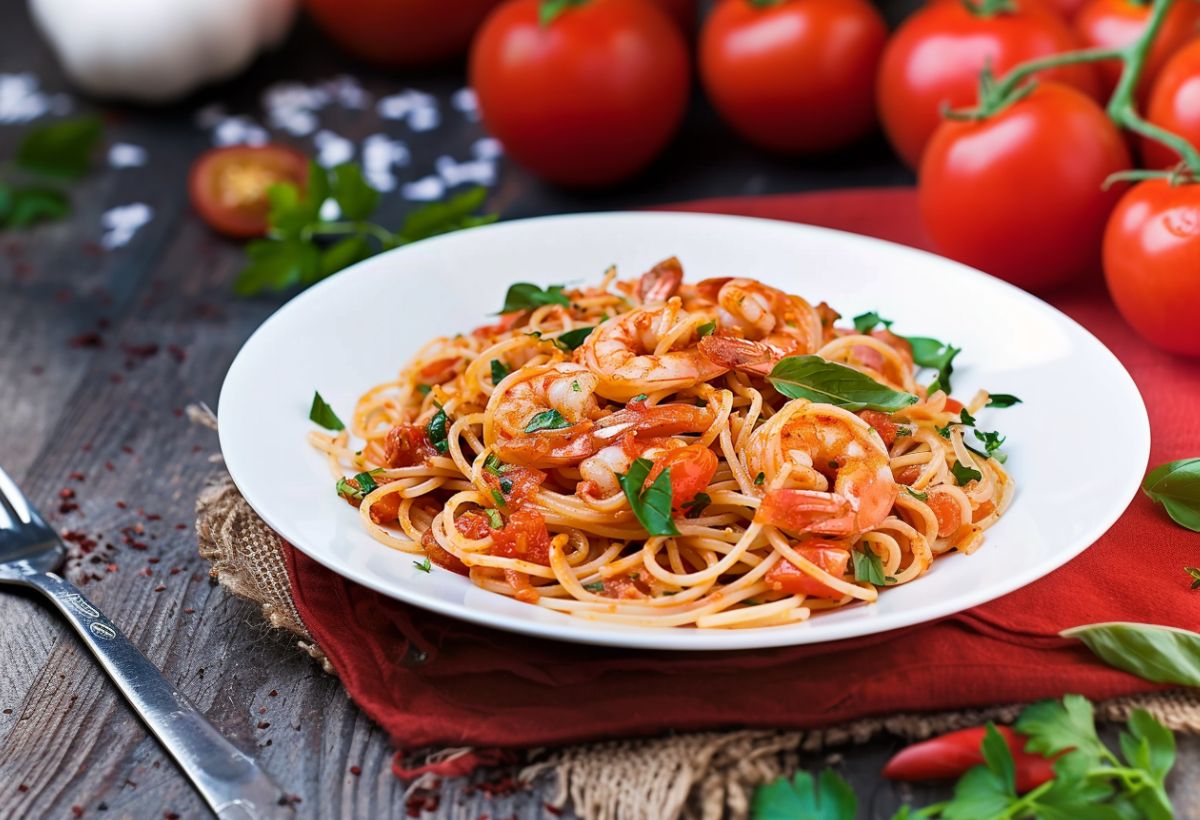 Macarrão ao molho de tomate com camarão- Recipe-CookBook.com